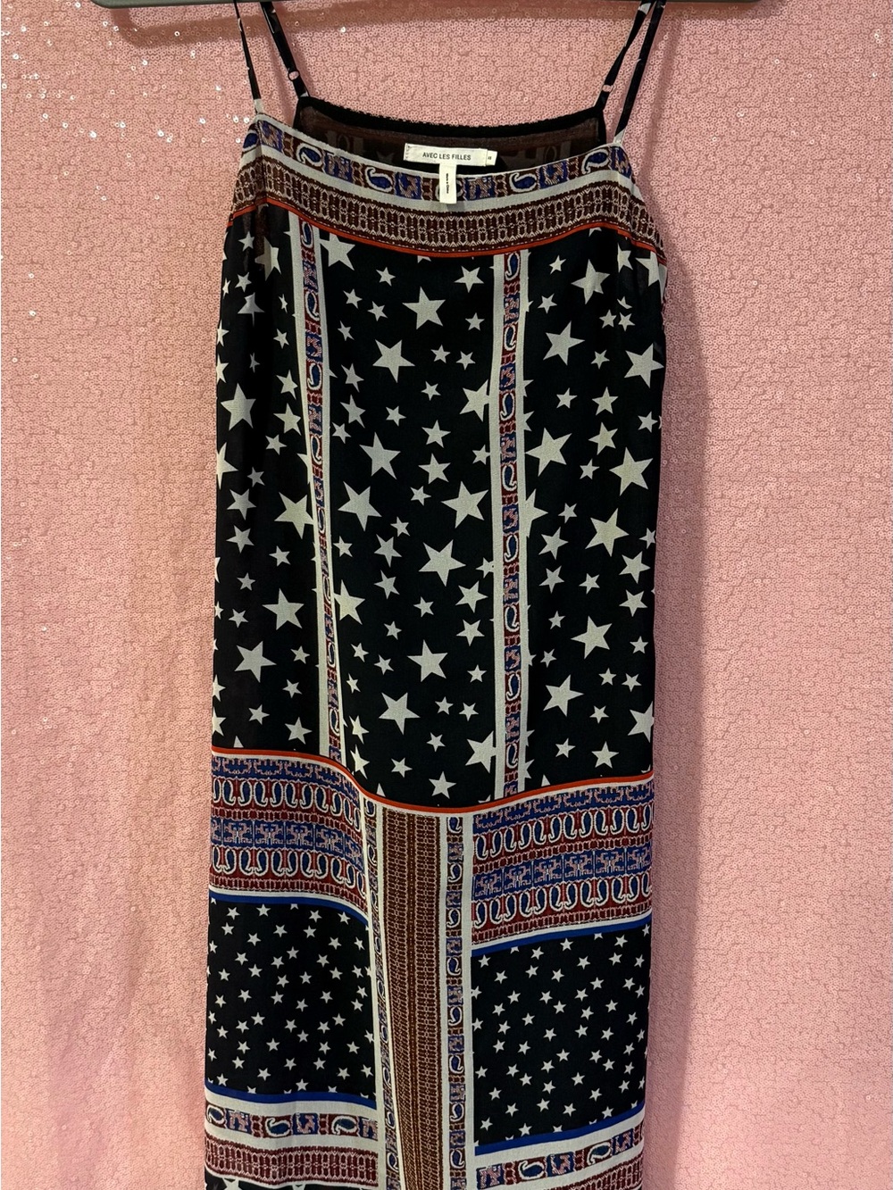 Avec Les Filles Black Star-Print Maxi Dress with Red & Blue Trim M7
